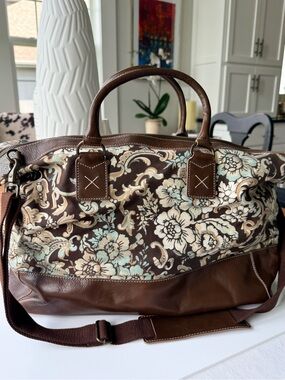 J. Jill Brown Floral Canvas & Leather Travel Bag with Aqua Accents